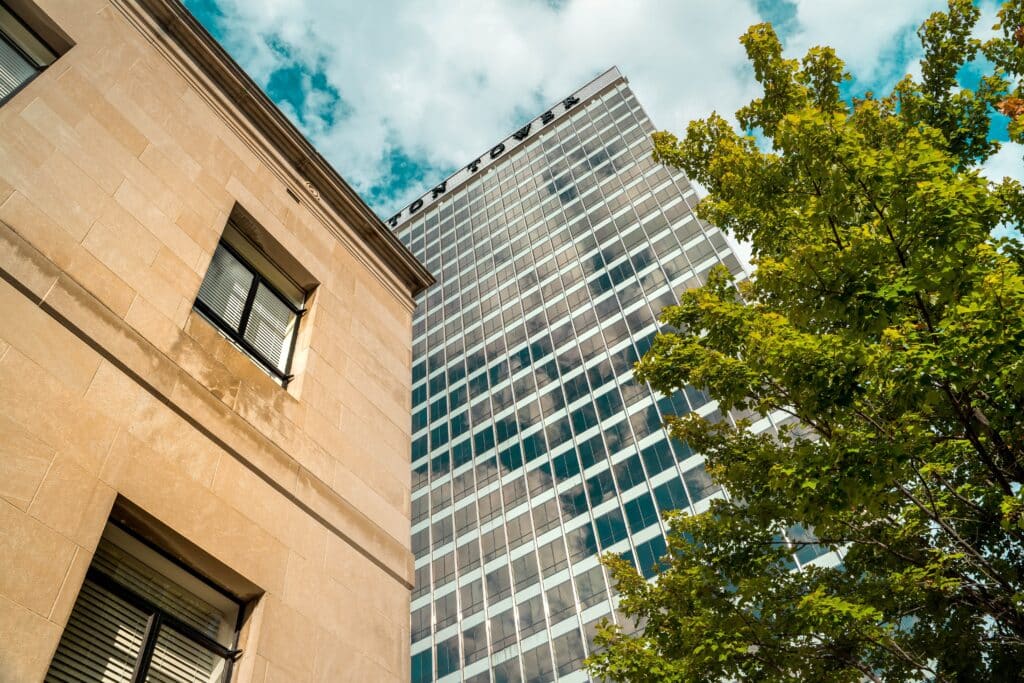 photo looking up at the Winston Tower in Winston-Salem NC