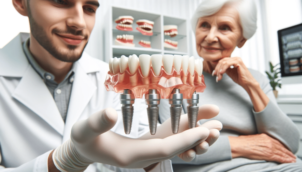 Dentist showing a woman a model of all-on-4 implants and explaining who is not a candidate for all-on-4 dental implants