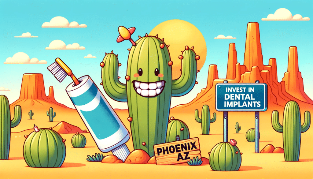 cartoon of a cactus in the Phoenix desert next to a tooth brush and a sign that says "invest in dental implants"