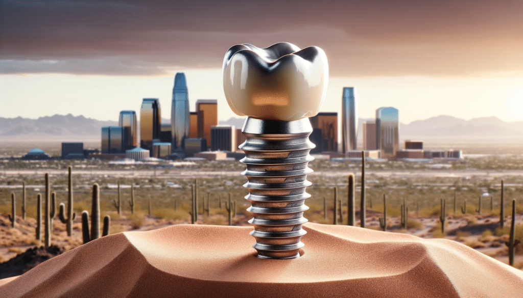 average cost of dental implants in Phoenix shows image of implant embedded in the desert with the city skyline in the background