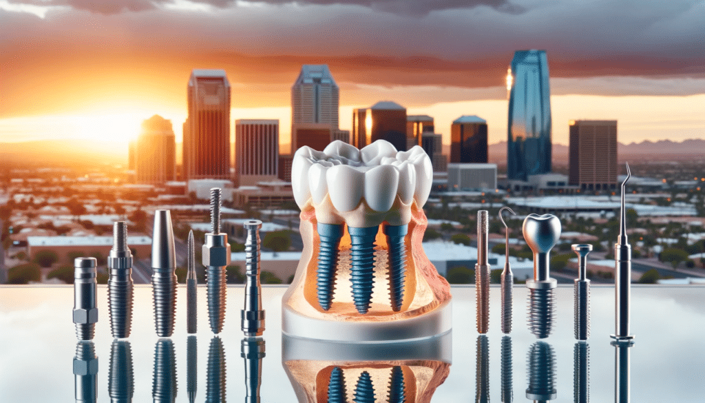 image of dental implants and dental tools with the Phoenix skyline in the background