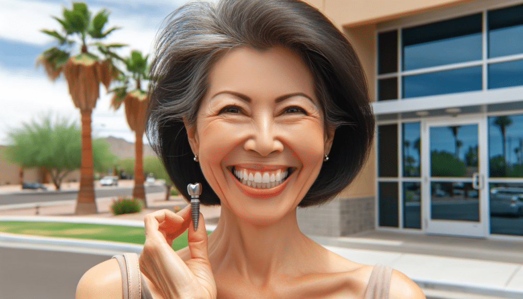 woman with perfect teeth smiling and holding a dental implant in her hand in front of a dental office in Phoenix