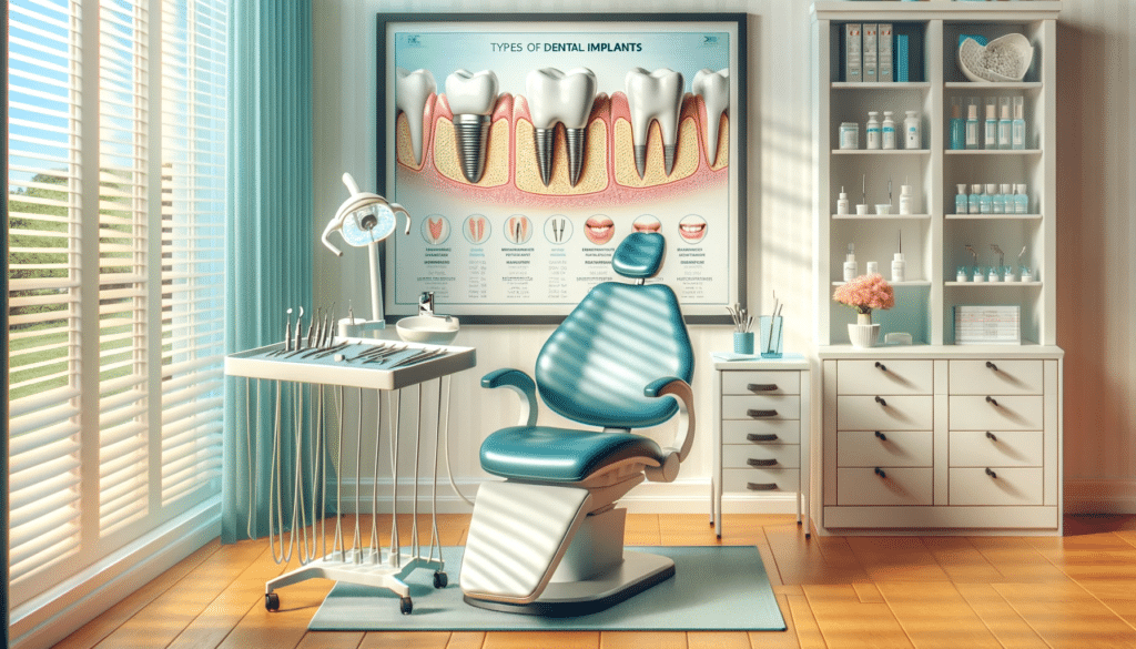 a bright, clean, modern dental office room with a poster about the types of dental implants on the wall