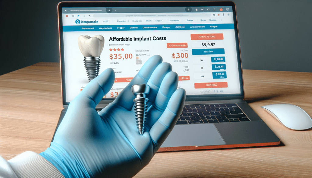 image of a hand with a medical glove on it holding a dental implant. In the background is a laptop on a table on a web page about affordable implant costs