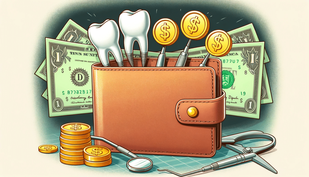 drawing of a wallet with dental implants and dental tools with coins on them