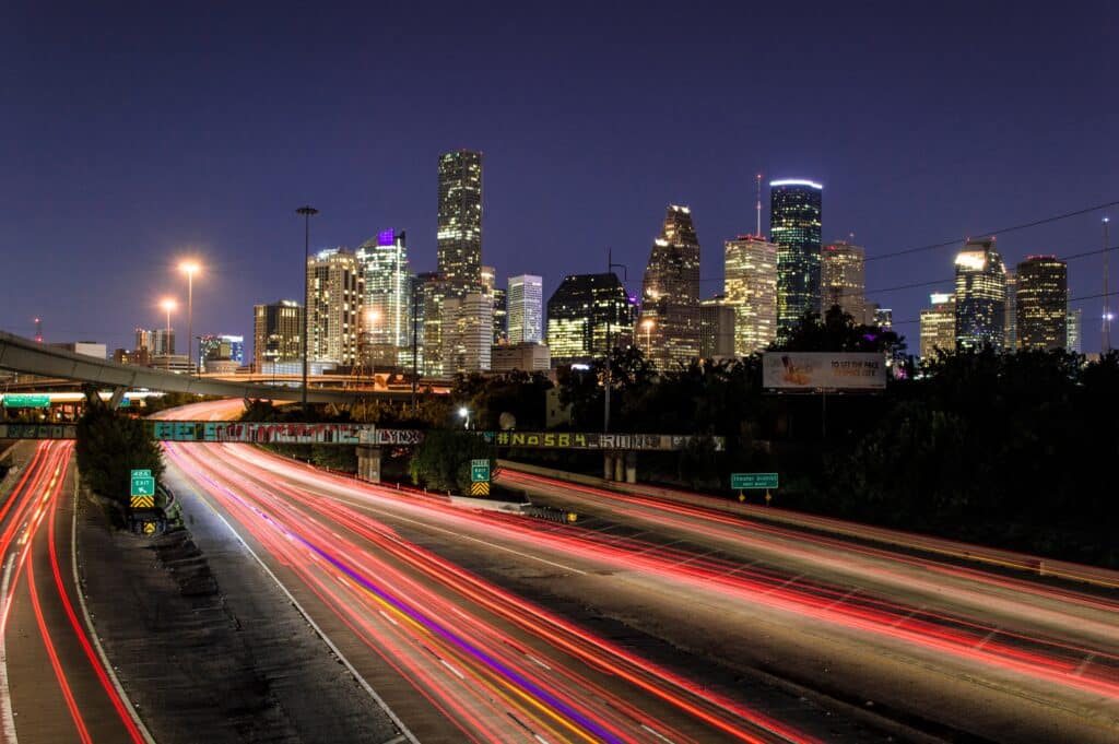 the houston skyline at night