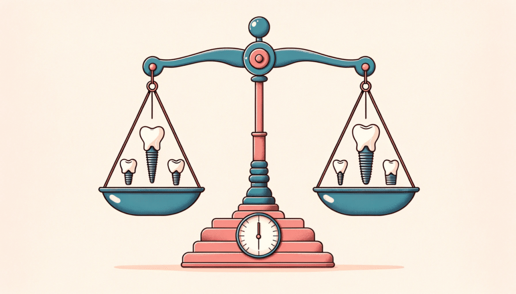 illustration of dental implants on a balance to indicate comparing the cost between them