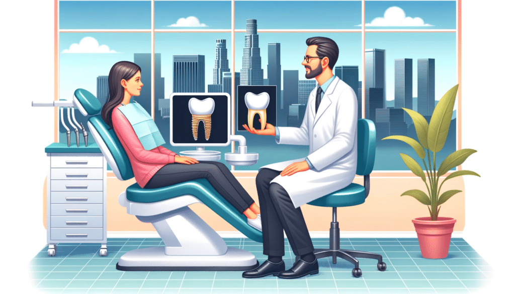 a dentist talking to a patient in a dental office about dental implants with the city of Los Angeles in the background