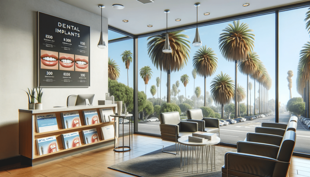 image of a modern dental office in los angeles with palm trees visible out the window. A sign on the wall is about dental implant costs