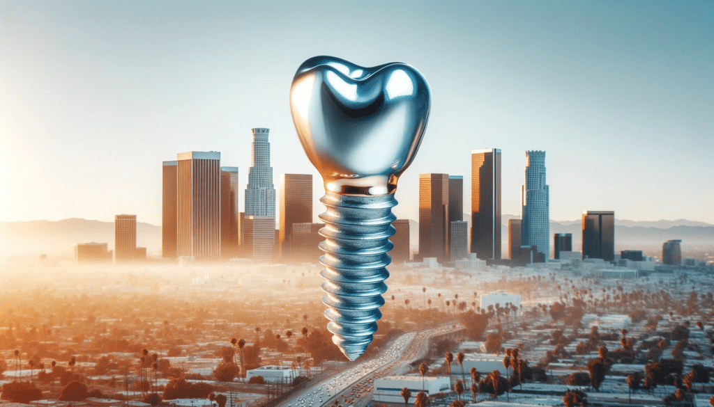 dental implant with the skyline of the city of Los Angeles in the background for article about the cost of dental implants in Los Angeles