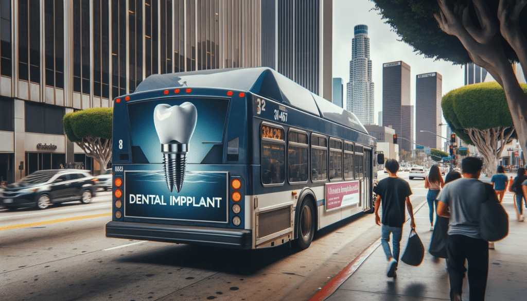 Los Angeles bus with dental implant advertisement on the back