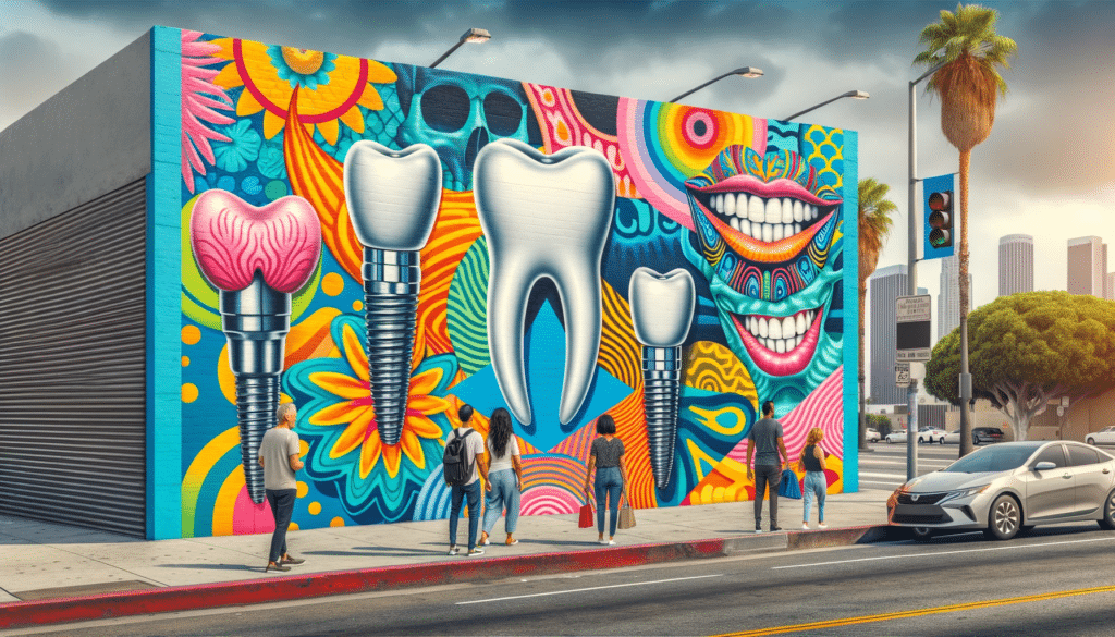 Wall with brightly colored designs and dental implants on it in Los Angeles