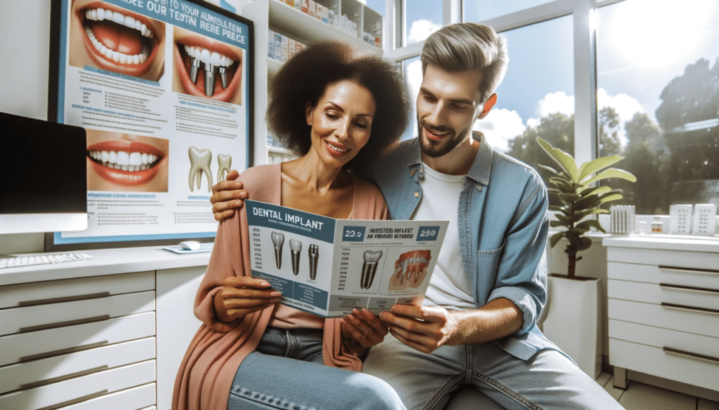 couple in dental office looking at pamphlet about dental implants