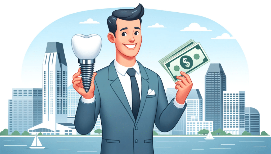 drawing of a man smiling while holding a dental implant in one hand and money in the other with the city of San Diego in the background