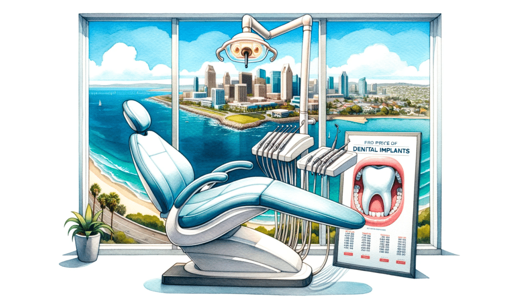 image of a dental chair for dental implants in front of a window looking out over the city of san diego