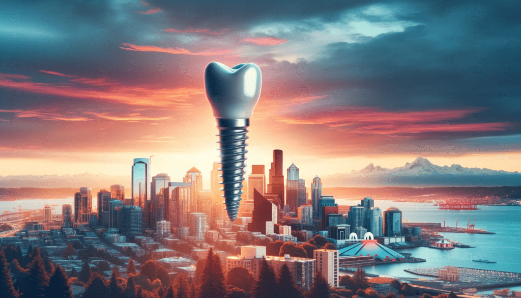 dental implant with downtown Seattle and Mount Ranier in the background