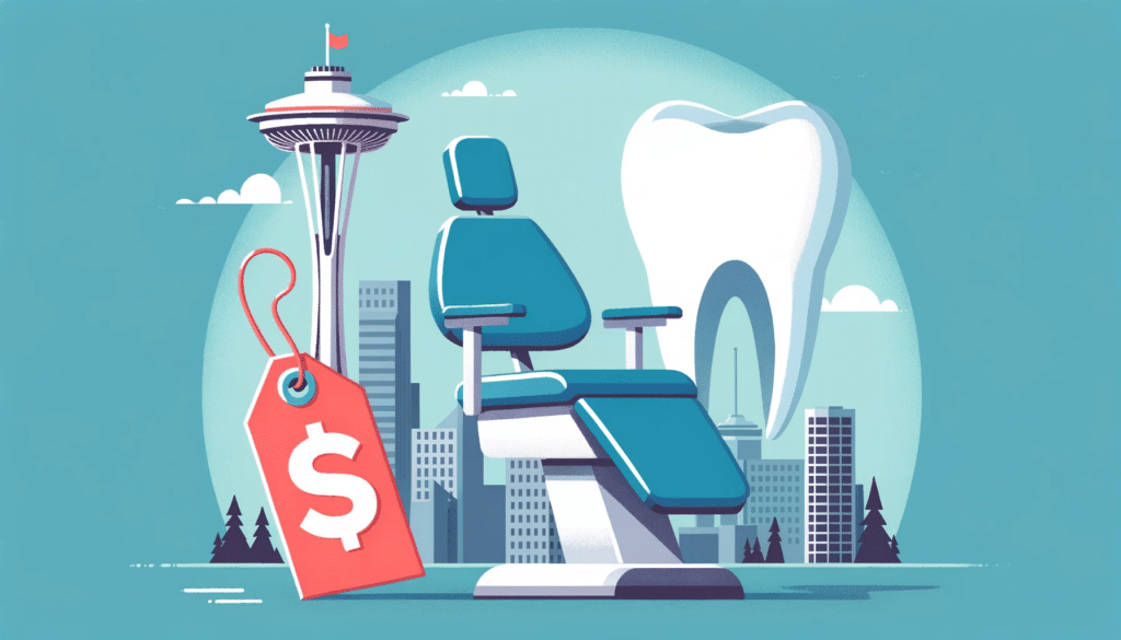 dental implant chair with a price tag next to it and a dental implant at the Space Needle in the background