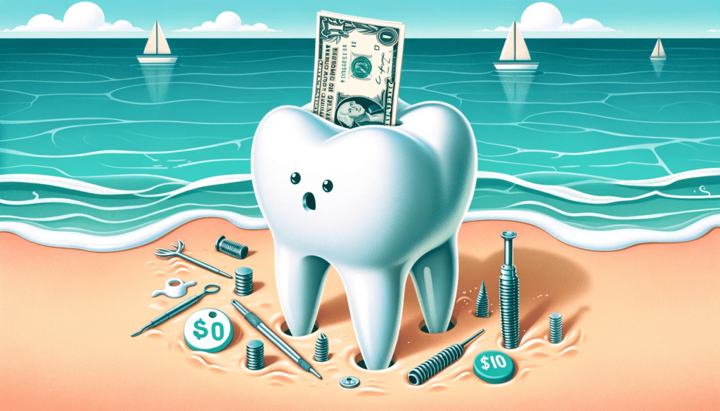 Tooth with a dollar bill sticking out of it surrounded by dental tools and implants on a Miami beach