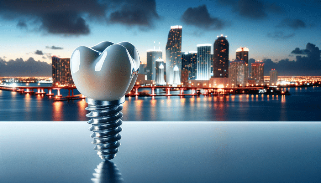 image of a dental implant with the skyline of miami at dusk in the background for article on the cost of dental implants in Miami