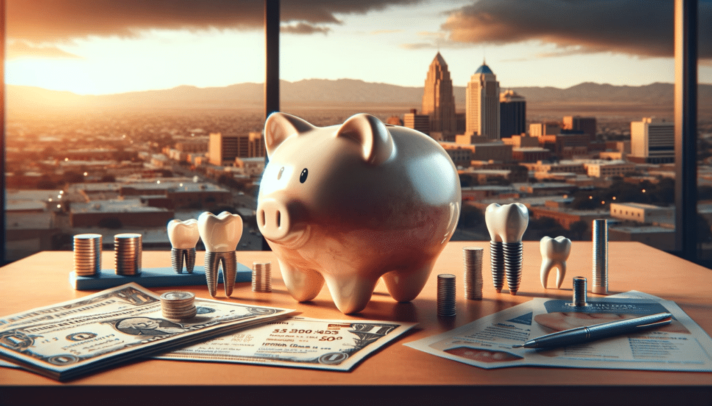 Piggy bank, money and dental implants on a desk with the skyline of El Paso in the background