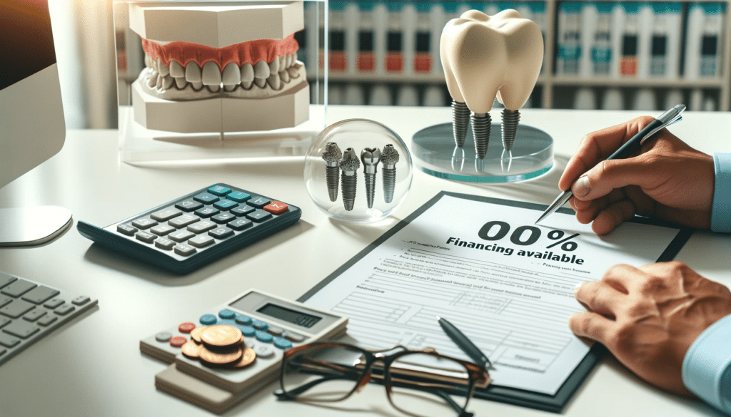 Dentist's hands, one with a pen, pointing to a sheet detailing the 0% financing available for dental implants